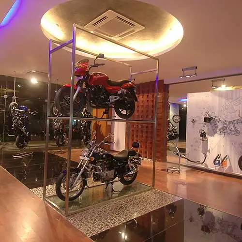 Motorcycle display interior at Probiking showroom designed by Jimmy Mistry