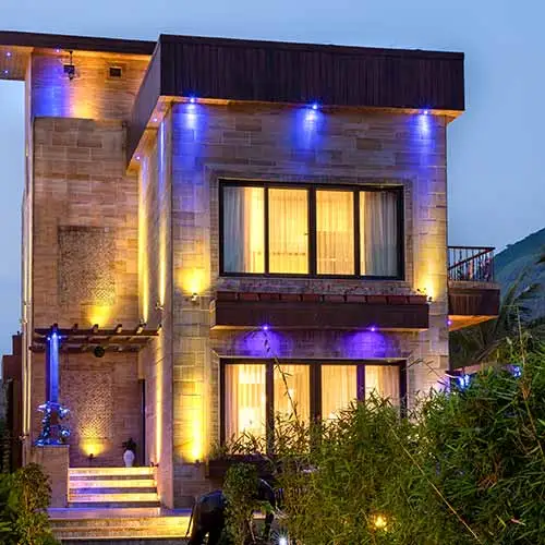 Modern villa exterior lighting at Della Resorts