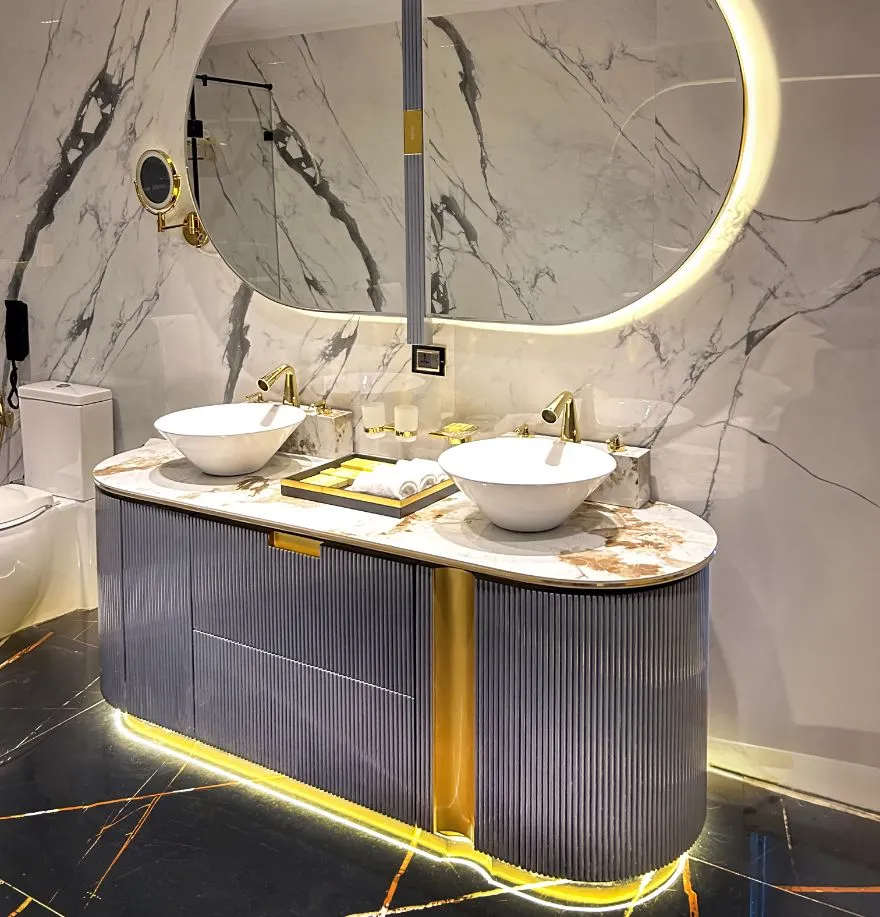 Luxury bathroom vanity and marble wall design by Jimmy Mistry for Della Luxury Products